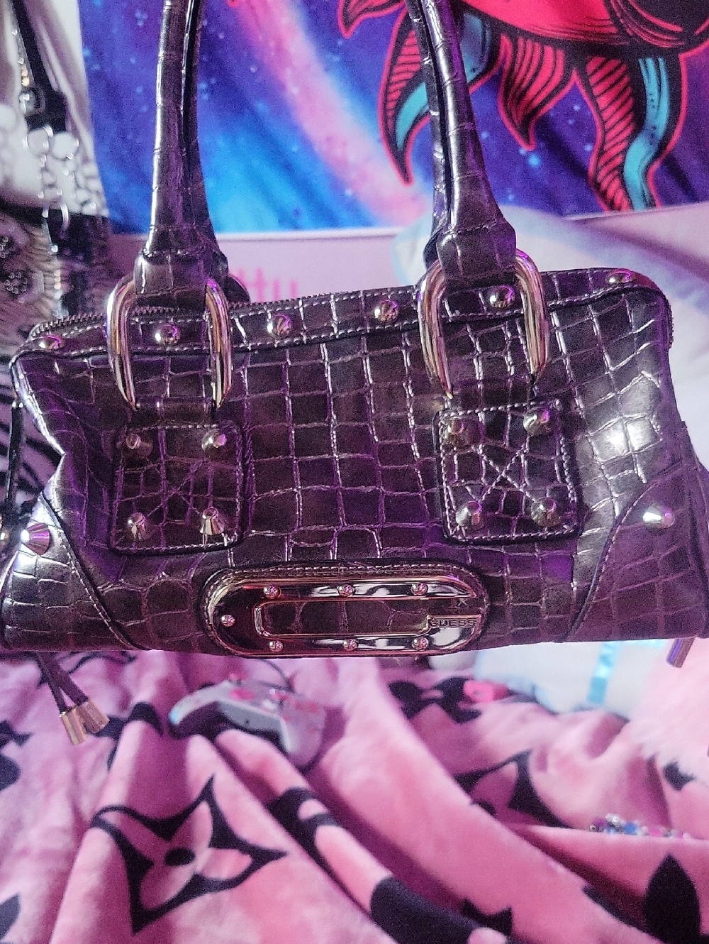 Faux Croc Grey Vintage Guess Studded Shoulder Bag